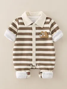 Tutina a Righe a Manica Lunga per Neonato Con Toppa Orsetto Colletto Polo Pagliaccetto in Cotone Vestiti Autunno Primavera