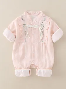 Baby Girls Chinese Style Cotton Romper Floral Embroidery Frog Button Long Sleeve Hanfu Jumpsuit Spring Autumn Outfits