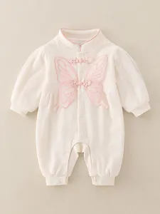 Barboteuse en coton pour bébé avec papillon en dentelle rose et boutons chinois