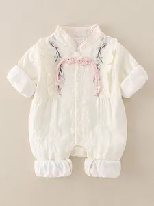 Traditional Chinese style baby romper with jacquard fabric and flower embroidery