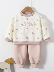 Toddler Girls Cute Heart Print Sweatshirt And Pants Set Ruffle Shoulder Long Sleeve Cotton Blend Casual Clothing Outfit