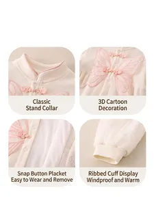 Barboteuse gaufrée en coton bébé fille avec col mandarin et papillon 3D rose