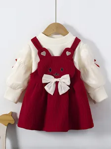 Abbigliamento Dolce Autunno Inverno Caldo per Bambine con Gonna a Salopette in Velluto a Coste Orso e Top a Manica Lunga