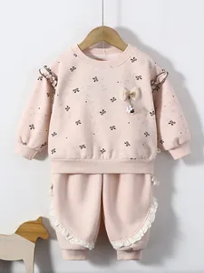 Sweet Little Girls Long Sleeve Sweatshirt Top And Pants Outfit Bow Print Ruffle Hem Cotton Blend Toddler Casual Clothes