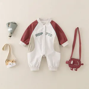 Baby Boys Class A Long Sleeve Romper Cartoon Letter Embroidered Baseball Style Jumpsuit With Small Bag Spring Windproof Clothes
