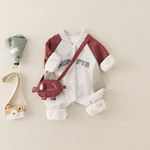 Baby boy baseball style cotton romper with letter print and decorative red bag