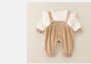 Detail of baby floral embroidery and corduroy texture on long sleeve romper