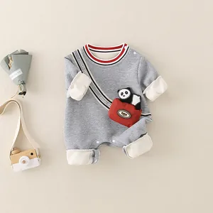 Grey infant romper with striped collar and panda pocket for spring and autumn