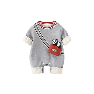Gray long sleeve baby romper with panda decoration and striped collar for spring