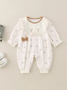 Neugeborene Baby Mädchen Floral Langarm Strampler Rüschenkragen Bestickt Jumpsuit Schleife Synthetikmischung Frühling Kleidung