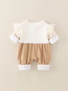 French retro baby long sleeve romper with lace cuffs and ribbed cotton texture