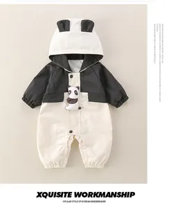 Close-up of baby panda windbreaker romper with 3D ears and snap button closures