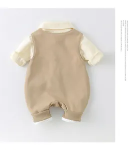 Detail view of khaki cotton baby romper set with long sleeves and British style collar