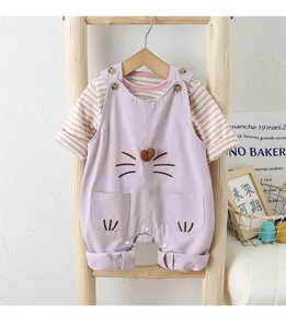 Detail of baby overalls set featuring cute cat embroidery and striped long sleeve shirt