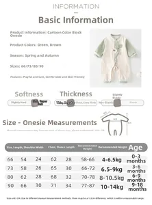 Detailed size chart for baby color-block jumpsuits with soft cotton fabric specifications