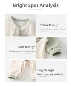 Detail view of baby romper featuring waffle texture, stand collar, and snap closure hem