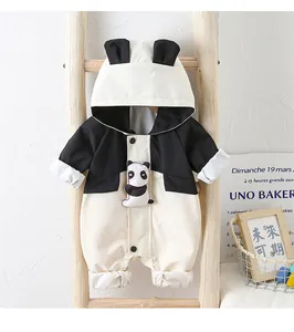 Detail of baby panda hooded romper with cute ears and premium snap buttons closure