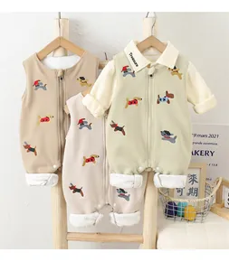 Detail of baby cotton zip-up rompers with vest set and cute cartoon puppy embroidery