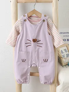 Infant girls 2-piece purple bib overall set with striped long sleeve shirt and cat motifs