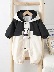 Baby Panda Hooded Romper Cartoon Animal 3D Ears Jumpsuit Windproof Long Sleeve Color Block Polyester Outfit For Infant