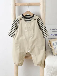 Nourrisson Bébé Garçons Filles T-Shirt à Manches Longues Rayé Et Salopette en Coton Kaki Combinaison Décontractée
