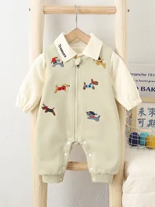 Green cotton baby romper with dog embroidery and zipper closure for spring wear