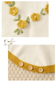 Détail d'un body en tricot pour bébé avec fleurs au crochet et fermeture à boutons