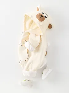 Neugeborene cremeweiß Kapuzen-Strampler mit Bärenmotiv und Reißverschluss für Babys