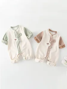 Baby Long Sleeve Romper Cotton Blend Waffle Knit Bear Jumpsuit Contrast Color Newborn Outfit For Infants Toddlers