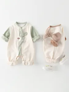 Cute long sleeve baby romper with cartoon bear design and soft ribbed knit cotton fabric