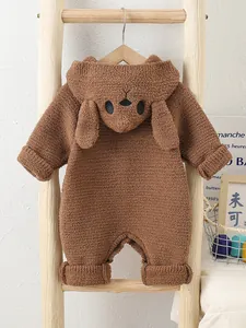 Brown infant hooded romper with cute animal ears in soft plush fabric for spring wear