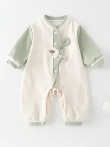 Baby waffle knit long sleeve romper with cute bear embroidery and snap buttons