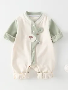 Cute bear-themed waffle cotton long-sleeve baby romper in beige and sage green