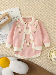 Cardigan Et Barboteuse En Tricot Pour Bébé Fille Avec Broderie Florale Mélange De Coton Tenue Printemps Automne