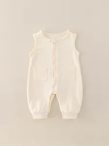 Baby Ärmellos Strampler Jumpsuit Reine Baumwolle Reißverschluss Druckknopf Schritt Lässig Kleinkind Krabbelanzug Beige Grün