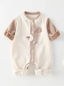 Cute contrast-color baby romper with bear embroidery and ribbed cotton texture for infants