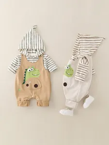 Set neonato con pagliaccetto a righe con cappuccio e salopette a dinosauro kaki beige