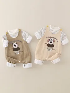 Infant Baby Two Piece Set Long Sleeve Striped T-Shirt And Corduroy Suspender Romper With Cartoon Dog For Spring Autumn Casual Boys Girls Outfit