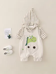 Set 2 pezzi per neonata con felpa a righe marroni e tutina a salopette con dinosauro
