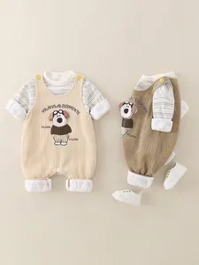 Baby flannel romper set with corduroy overalls and striped sleeves in beige and brown