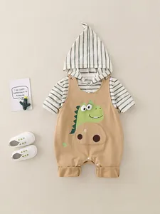 Set neonato con maglia a righe e salopette marrone con dinosauro per primavera ed estate