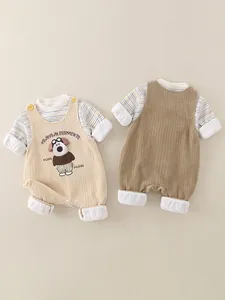 Infant striped long sleeve shirt and corduroy overalls set with cartoon dog embroidery