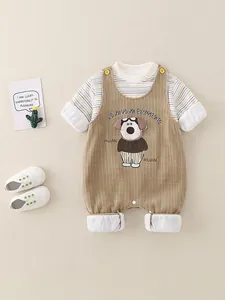 Baby autumn two-piece set with striped long sleeve shirt and brown corduroy overalls