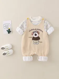 Infant two-piece set featuring striped long sleeve shirt and beige corduroy overalls