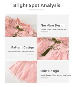 Détail d'une robe hanfu rose pour bébé avec col mandarin, bouton grenouille et gland
