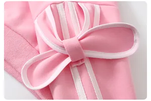 Gros plan d'un sweat à capuche rose avec oreilles de lapin 3D et bordure en ruban blanc