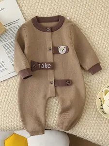 Newborn Baby Knitted Romper Long Sleeve Modal Cotton Jumpsuit With Cartoon Bear Patch For Spring Autumn Casual Outing