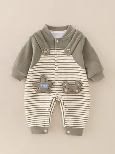 Pagliaccetto Neonato a Righe con Patch Orso Manica Lunga in Cotone Maglia a Nido d'Ape Body Tuta per Bambini Ragazzi Ragazze Abbigliamento Casual Autunno Primavera