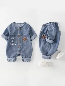 Pelele de Mezclilla para Bebés Niños Niñas Manga Larga Bordado de Oso de Dibujos Animados Botón Mono Vaquero Bebé Suave Ropa de Primavera Otoño
