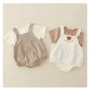 Detailed view of cotton baby rompers with soft ribbed fabric and bear embroidery